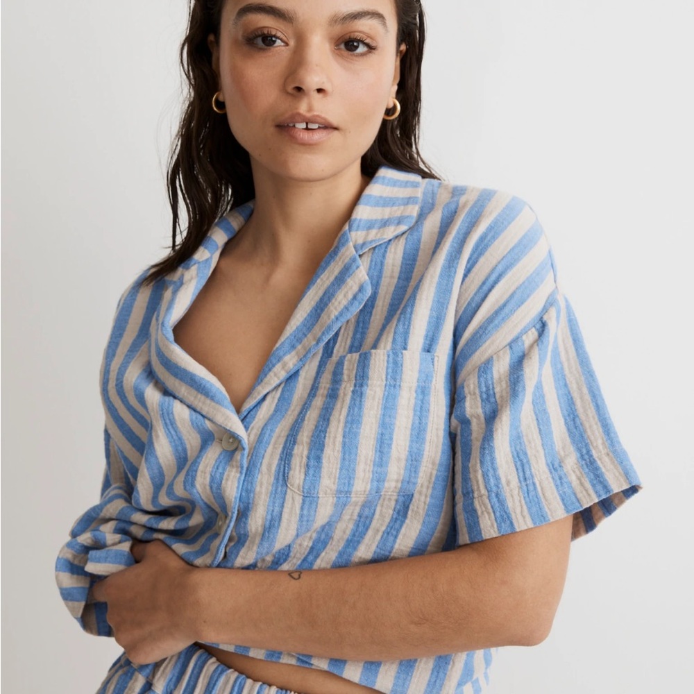 Madewell Blue and White Striped Button-Up Short Sleeve Top